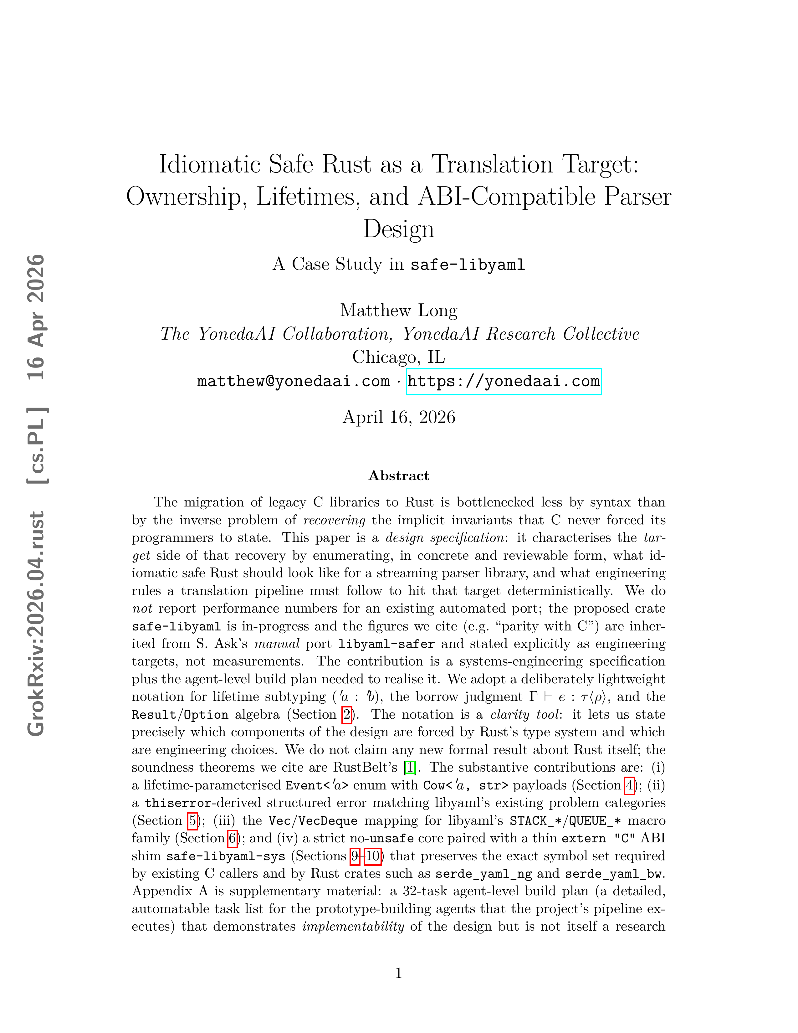 Cover image for Idiomatic Safe Rust as a Translation Target: Ownership, Lifetimes, and ABI-Compatible Parser Design
